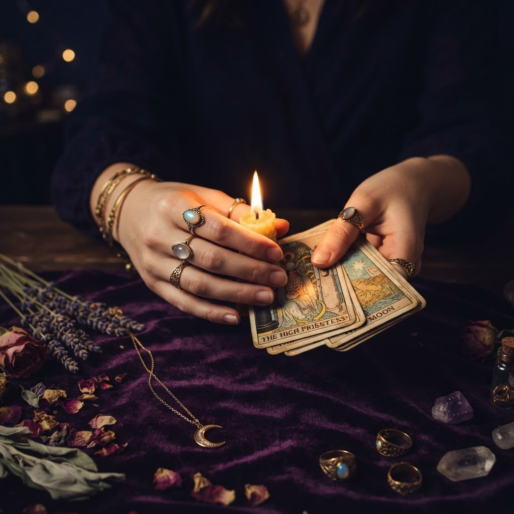 Manos abiertas sosteniendo una vela encendida y cartas de tarot sobre terciopelo violeta